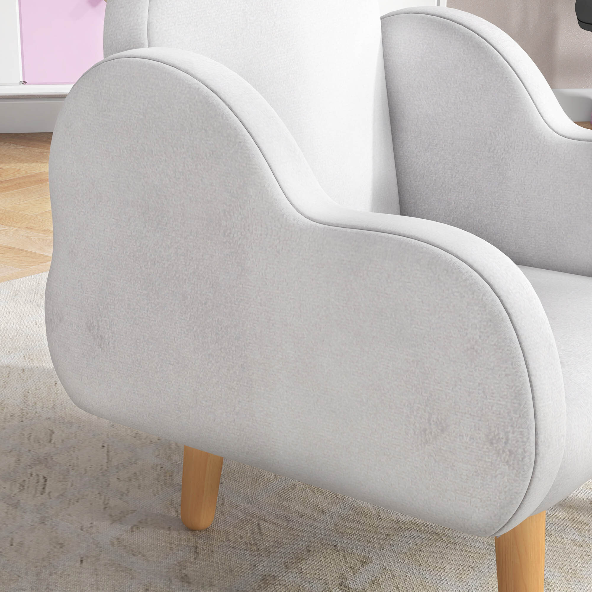 Fauteuil enfant design scandinave nuage - piètement PP aspect bois clair tissu polaire blanc