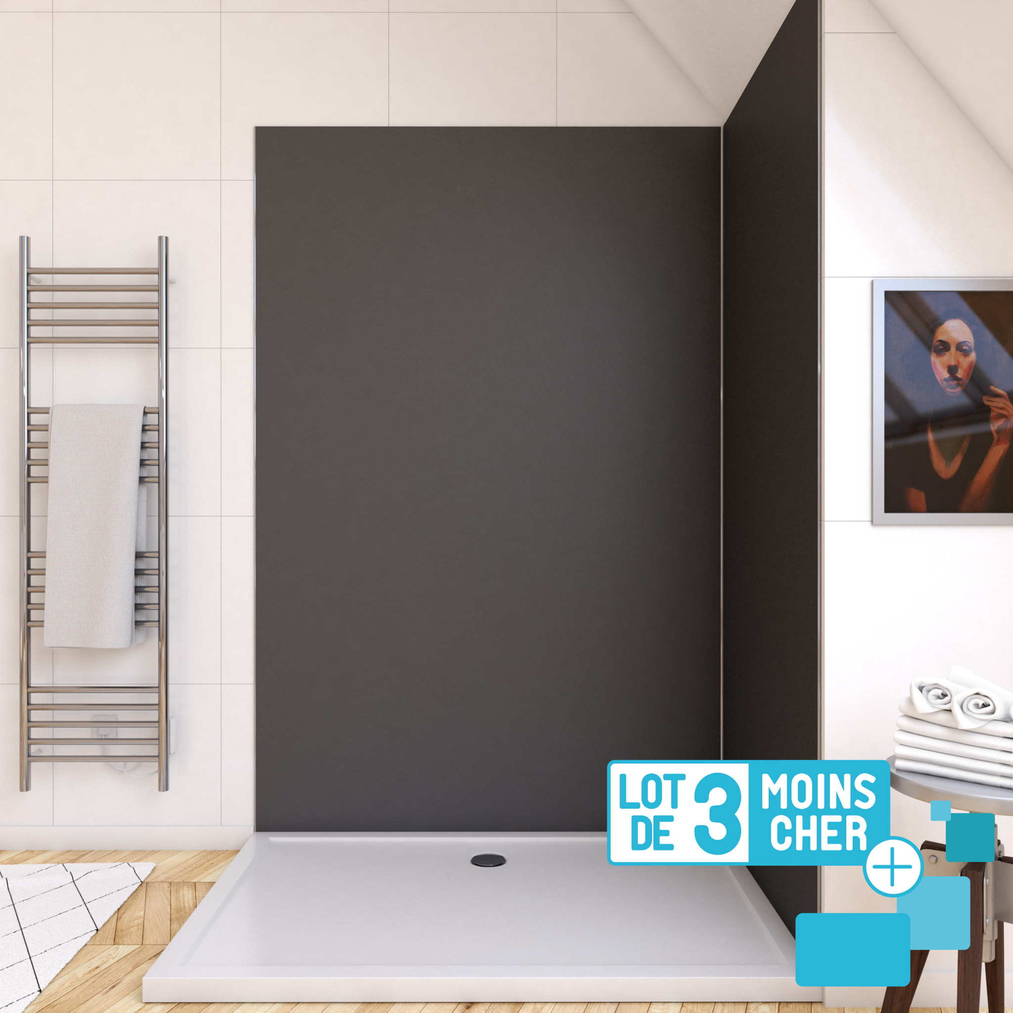 LOT de 3 Panneaux Muraux pour salle de bains en Aluminium Gris - 120x210cm - WALL'IT