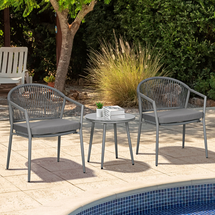 Conjunto de Jardín Exterior de 3 Piezas Juego de 2 Sillas y Mesa de Ratán con Cojines Acolchados y Encimera de Vidrio para Balcón Terraza Gris