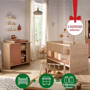 Chambre bébé évolutive Tokyo, Lit 140x70 évolutif et Commode à langer claustra - Chêne suave