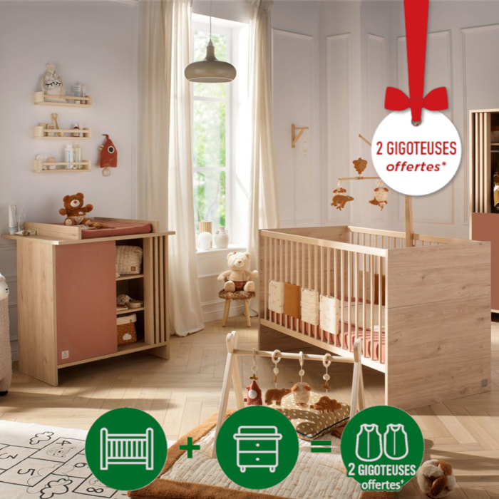 Chambre bébé évolutive Tokyo, Lit 140x70 évolutif et Commode à langer claustra - Chêne suave