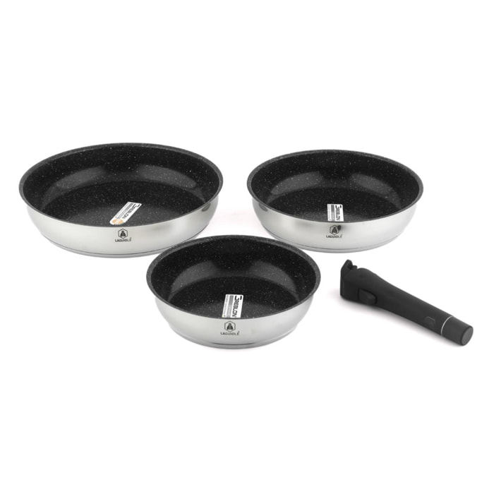 Set de 3 poêles inox amovible  antiadhésif - "Réactif"