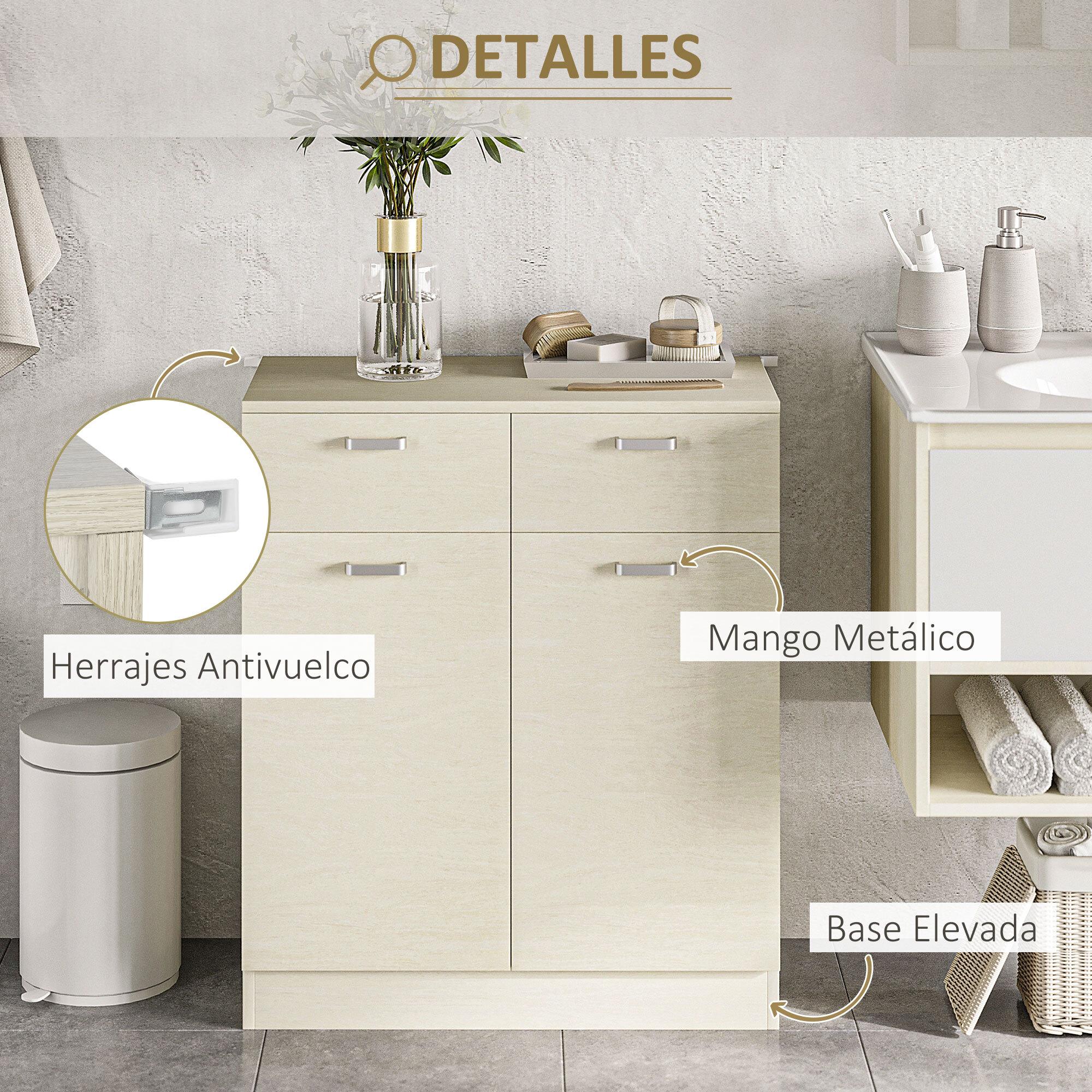 HOMCOM Armario Auxiliar de Baño con 2 Puertas 2 Cajones y Estante Interior Ajustable Mueble Auxiliar de Baño para Dormitorio Entrada Antivuelco 68x34x80 cm Natural