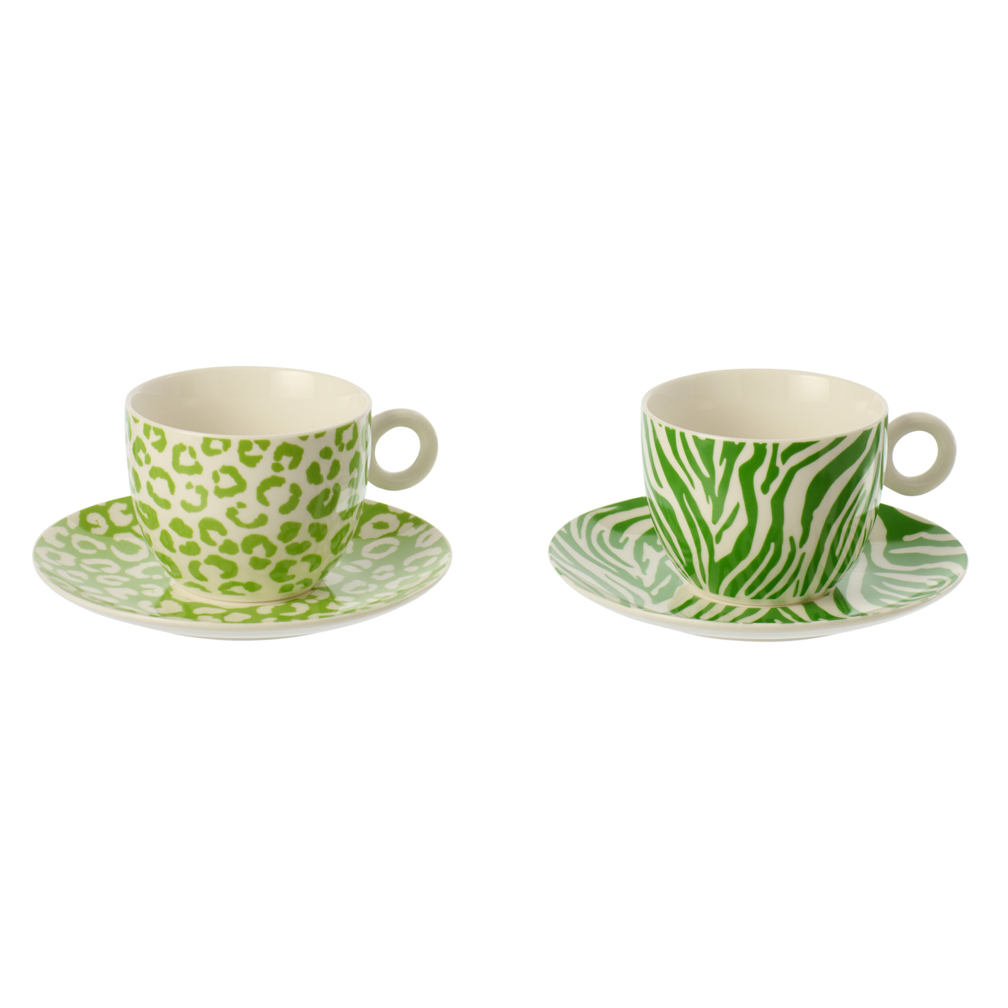 J-Line Tasse + Sous-tasse Léopard + Zèbre - porcelaine - vert/blanc - large - set de 2