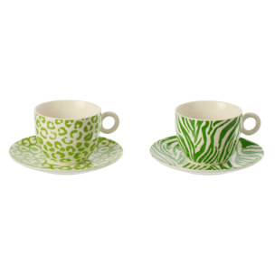 J-Line Tasse + Sous-tasse Léopard + Zèbre - porcelaine - vert/blanc - large - set de 2