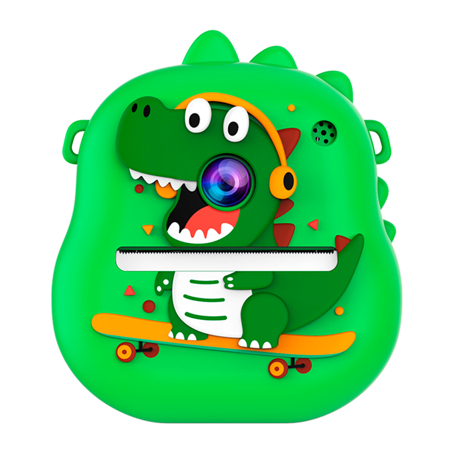 Cámara infantil de 50MP, video de 1080p, camara dual, pantalla de 2" y zoom digital 16x. Con impresión instantánea. Diseño dinosaurio.