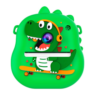 Cámara infantil de 50MP, video de 1080p, camara dual, pantalla de 2" y zoom digital 16x. Con impresión instantánea. Diseño dinosaurio.