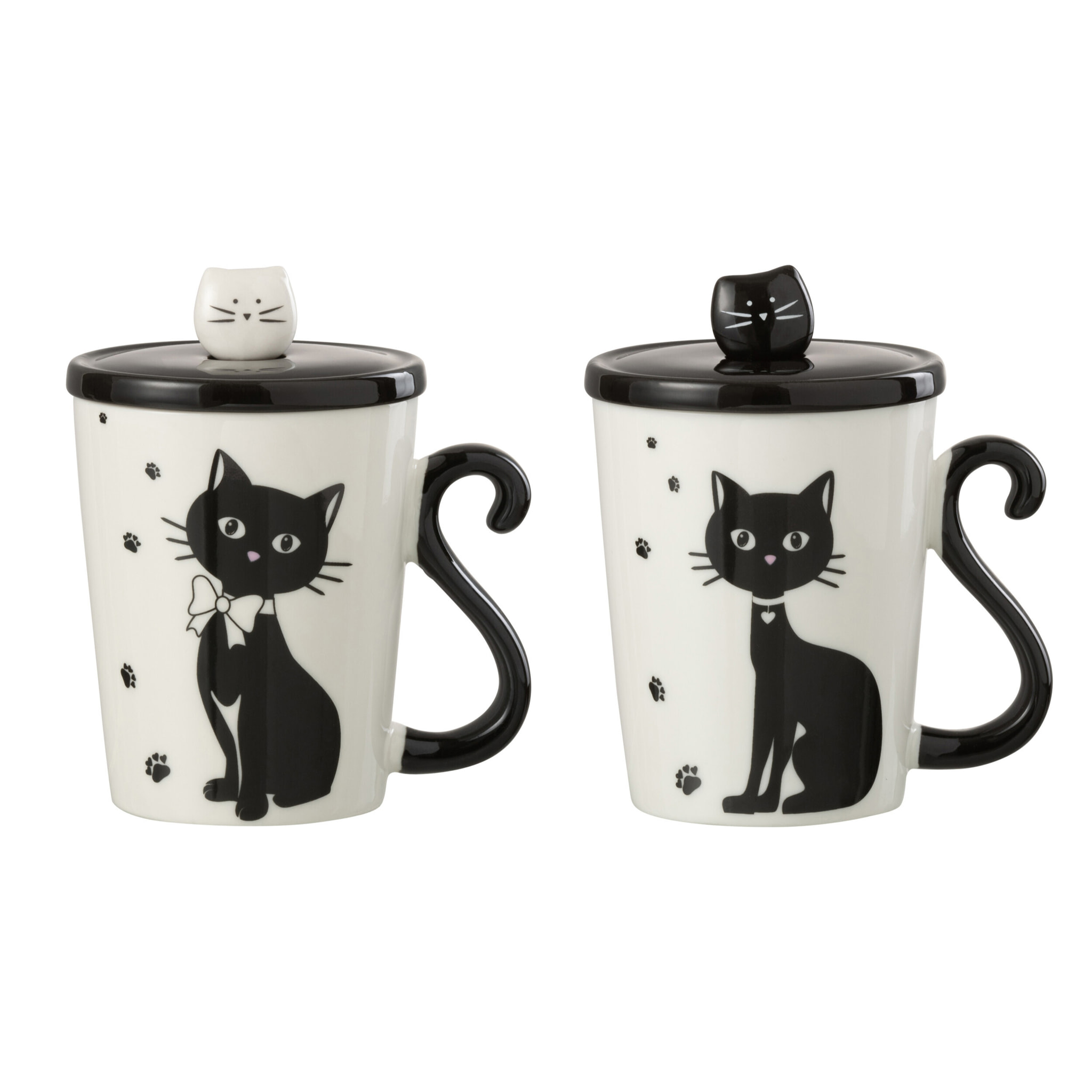 J-Line tasse Imprime Chat + Couvercle + Cuillère - porcelaine - blanc/noir - 2 pcs