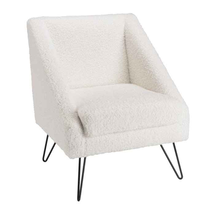 AGATHE - Fauteuil tissu bouclette blanc pieds épingles métal noir