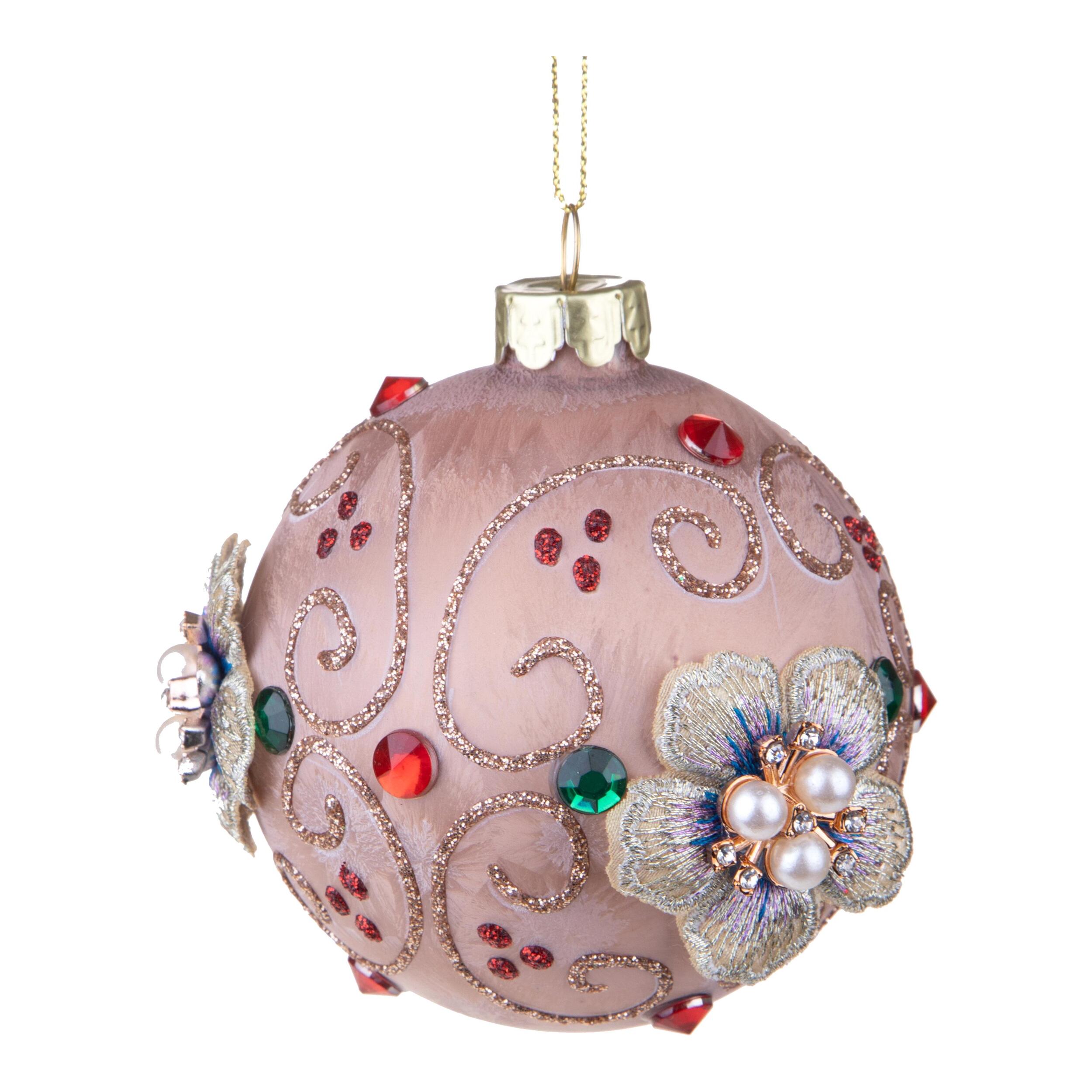 Sfera con Fiori Perle e Diamanti - Pezzi 6 - Colore Rosa - 8x8Hx8cm - Bianchi Dino