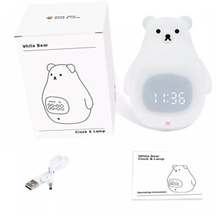 Reloj despertador con luz nocturna infantil, intensidad regulable. Diseño Oso Polar.