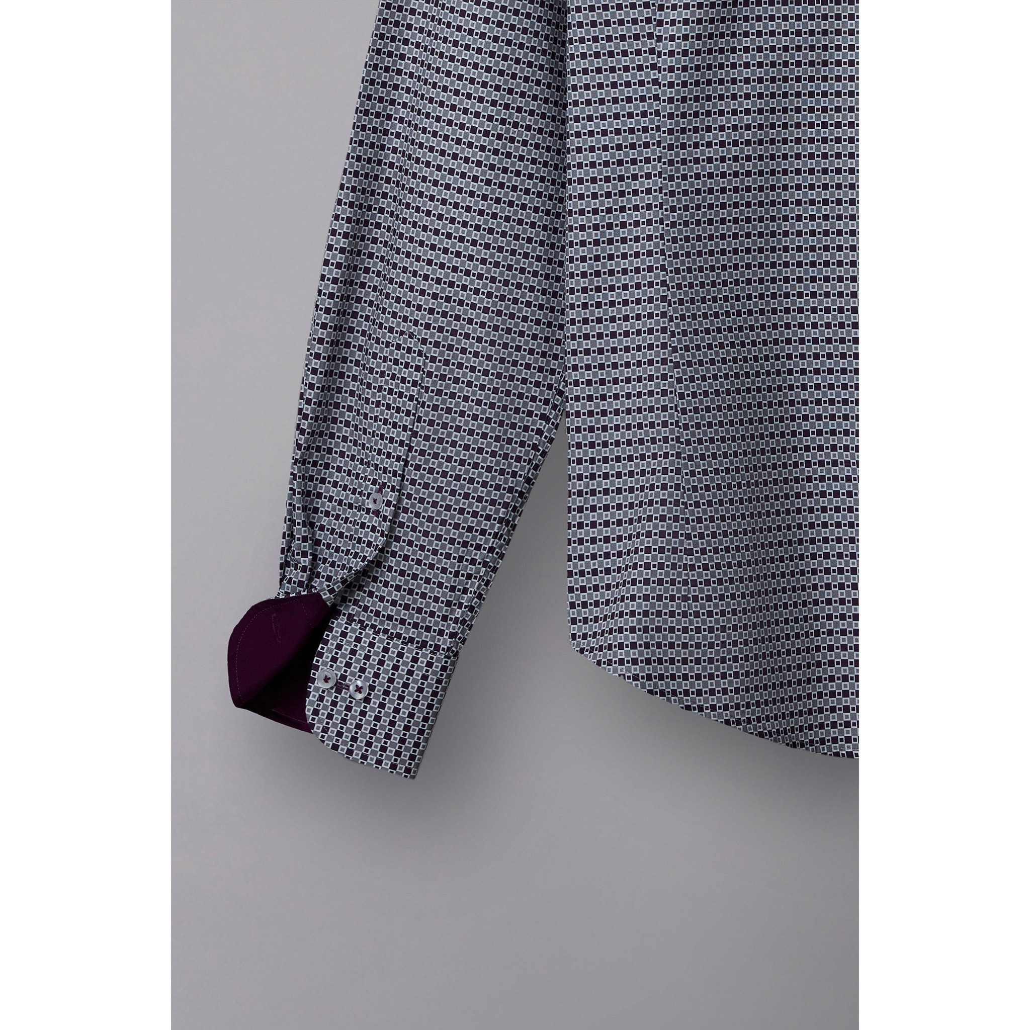 Camicia Uomo 1 Bottoni Button Down Slim Popeline Stampato Grigio Scuro Viola Melanzana