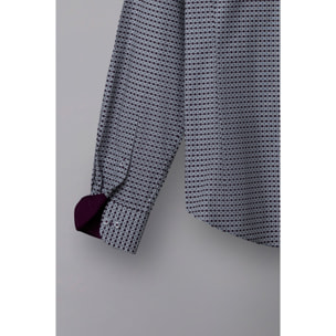 Camicia Uomo 1 Bottoni Button Down Slim Popeline Stampato Grigio Scuro Viola Melanzana