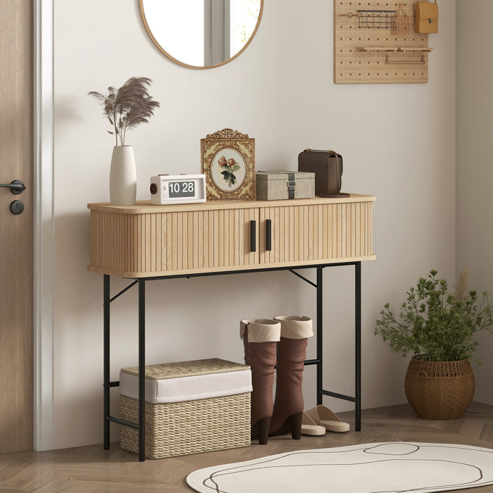 Console 2 portes coulissantes design naturel piètement acier noir effet bois clair