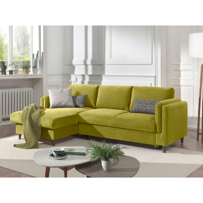 Brooke - canapé d'angle gauche - convertible avec coffre - 4 places - en velours - Vert Olive