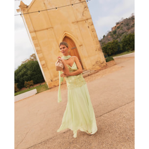 Vestido midi con cuerpo de bordados y gasa