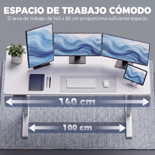 HOMCOM Escritorio Elevable 140x60 cm, Escritorio Eléctrico Regulable en Altura con 3 Alturas de Memoria, Pantalla LED, 2 Ganchos, 2 Pasacables, para Oficina en Casa, Estudio, Blanco
