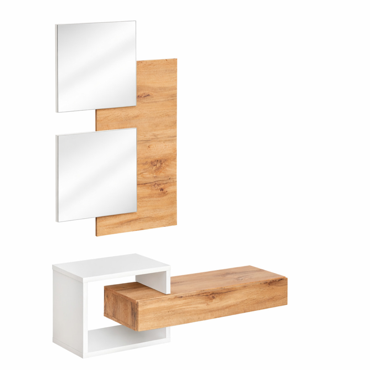Set Ingresso Moderno Con Specchi Pensile A Giorno Mensola Con Cassetto Salvaspazio Mobile Da Parete 100 x 160 x 30 Cm Bianco E Rovere