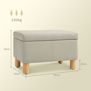 Baúl de Almacenaje para Dormitorio 33L Puff Almacenaje Tapizado en PU Banco de Almacenaje con Patas de Madera para Pasillo Salón 60x38x40 cm Gris Claro