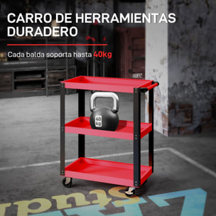 Carro de Taller, Carro de Herramientas con 3 Estantes, Ruedas con Frenos y Asa Lateral, para Garaje Mecánico, Hogar, Carga 120 kg, Rojo