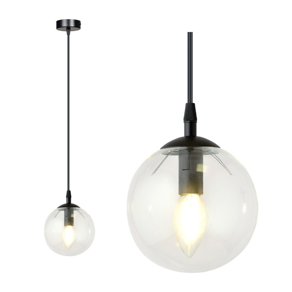 Lampada a sospensione Cosmo in acciaio nero e vetro trasparente