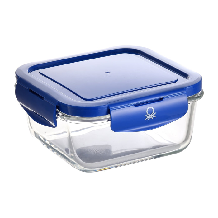 Hermético cuadrado 570ml en borosilicato y tapa azul, benetton