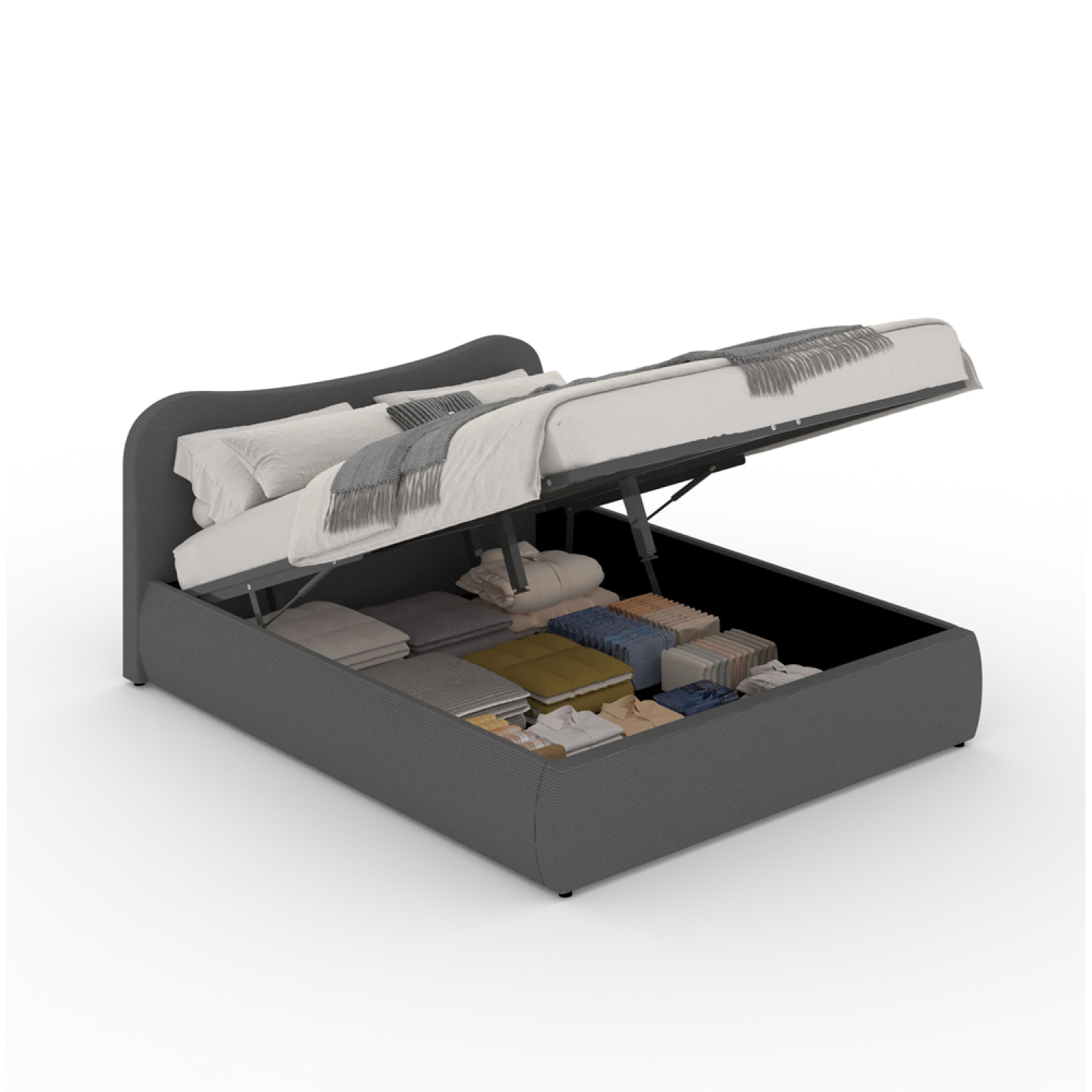 MILANO Lit coffre 160x200cm design arrondi velours côtelé gris