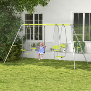 Balançoire 3 agrès portique 2 face à face et balançoire dim. 2,83L x 1,56l x 1,8H m métal époxy PE gris vert