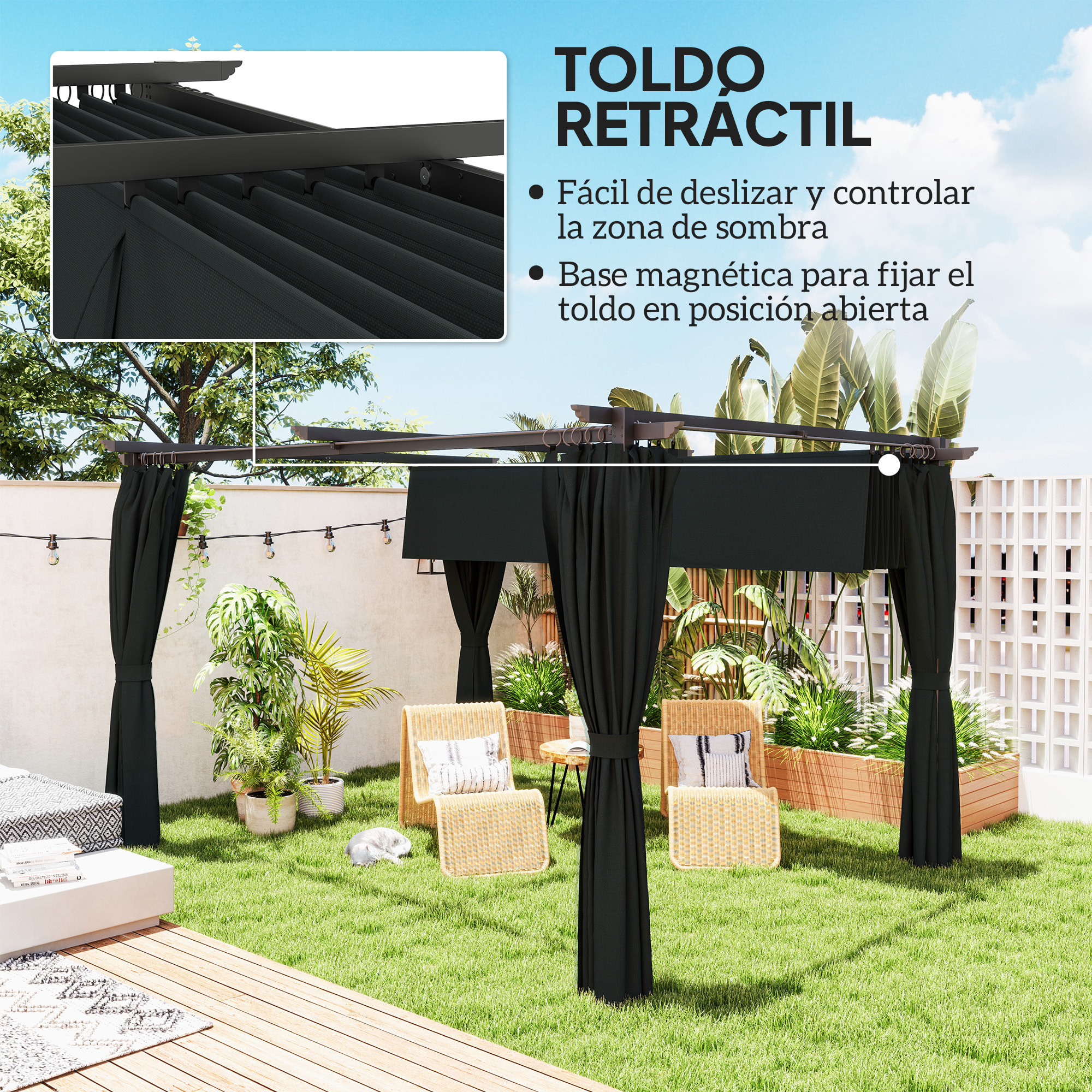 Pérgola con Techo Retráctil 4x3 m Pérgola de Aluminio con Paredes Laterales Cenador con Tela de Poliéster Anti-UV Resistente al Agua Pabellón para Jardín Patio Terraza Gris Oscuro