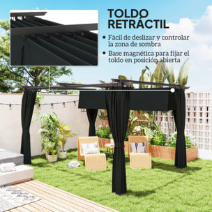 Pérgola con Techo Retráctil 4x3 m Pérgola de Aluminio con Paredes Laterales Cenador con Tela de Poliéster Anti-UV Resistente al Agua Pabellón para Jardín Patio Terraza Gris Oscuro