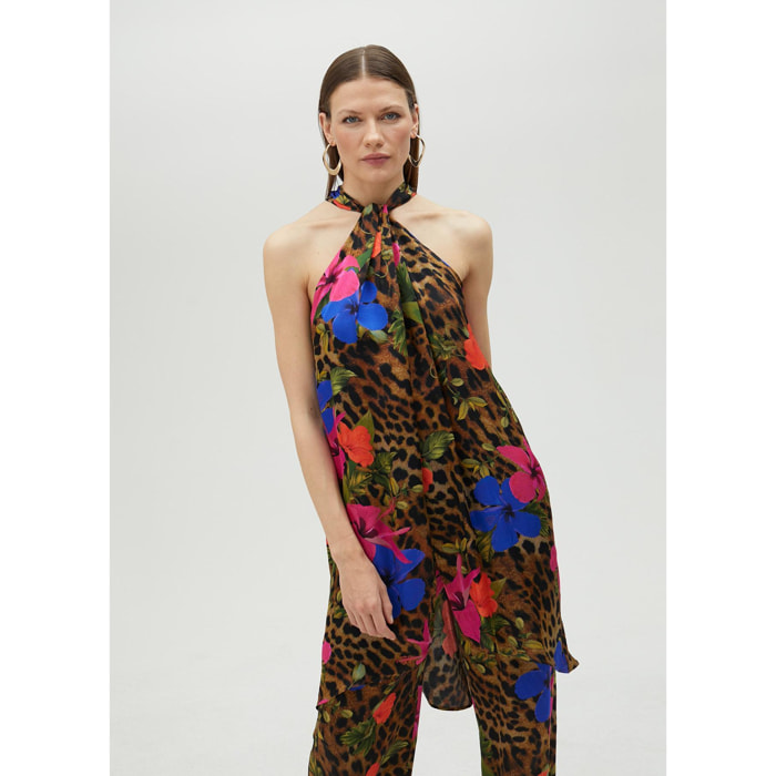 Top voluminoso all'americana con stampa floreale e animalier