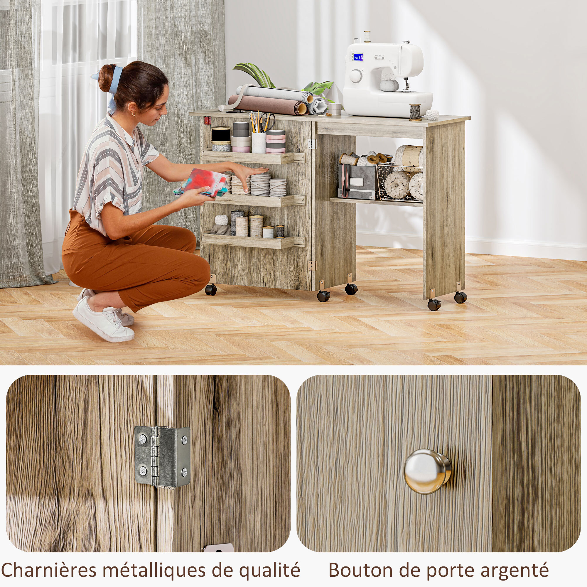 Table de couture pliable sur roulettes - table à rabat - 4 étagères - effet bois gris