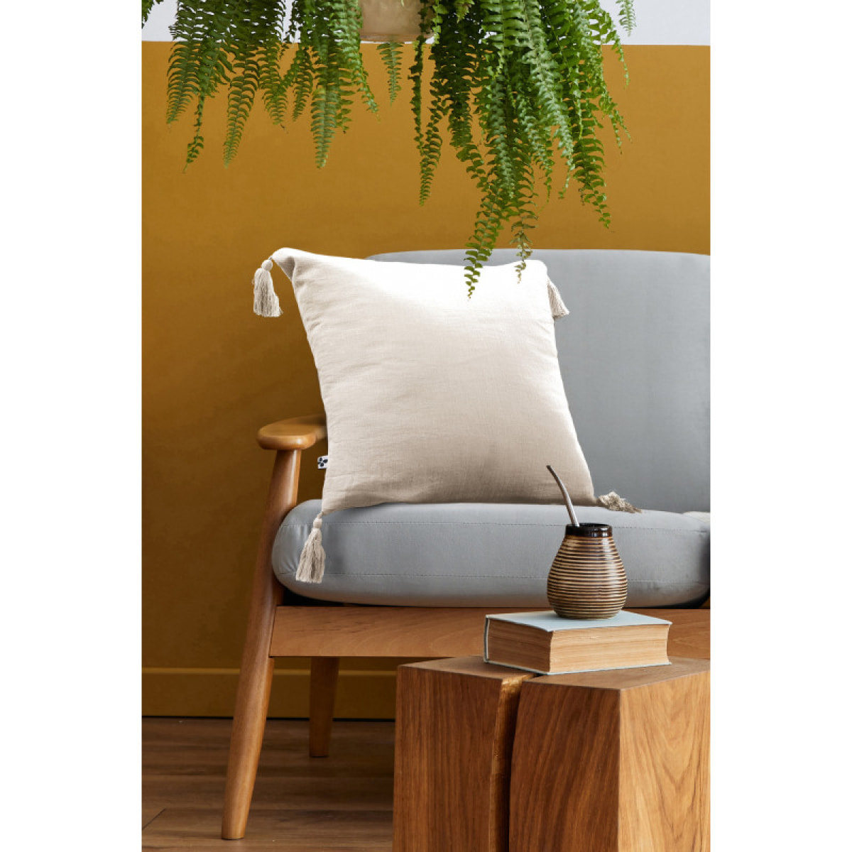 Coussin déhoussable avec pompons "Gaïa" 40 x 40 cm "Gaze de Coton" - Couleur: Gaïa Pampa