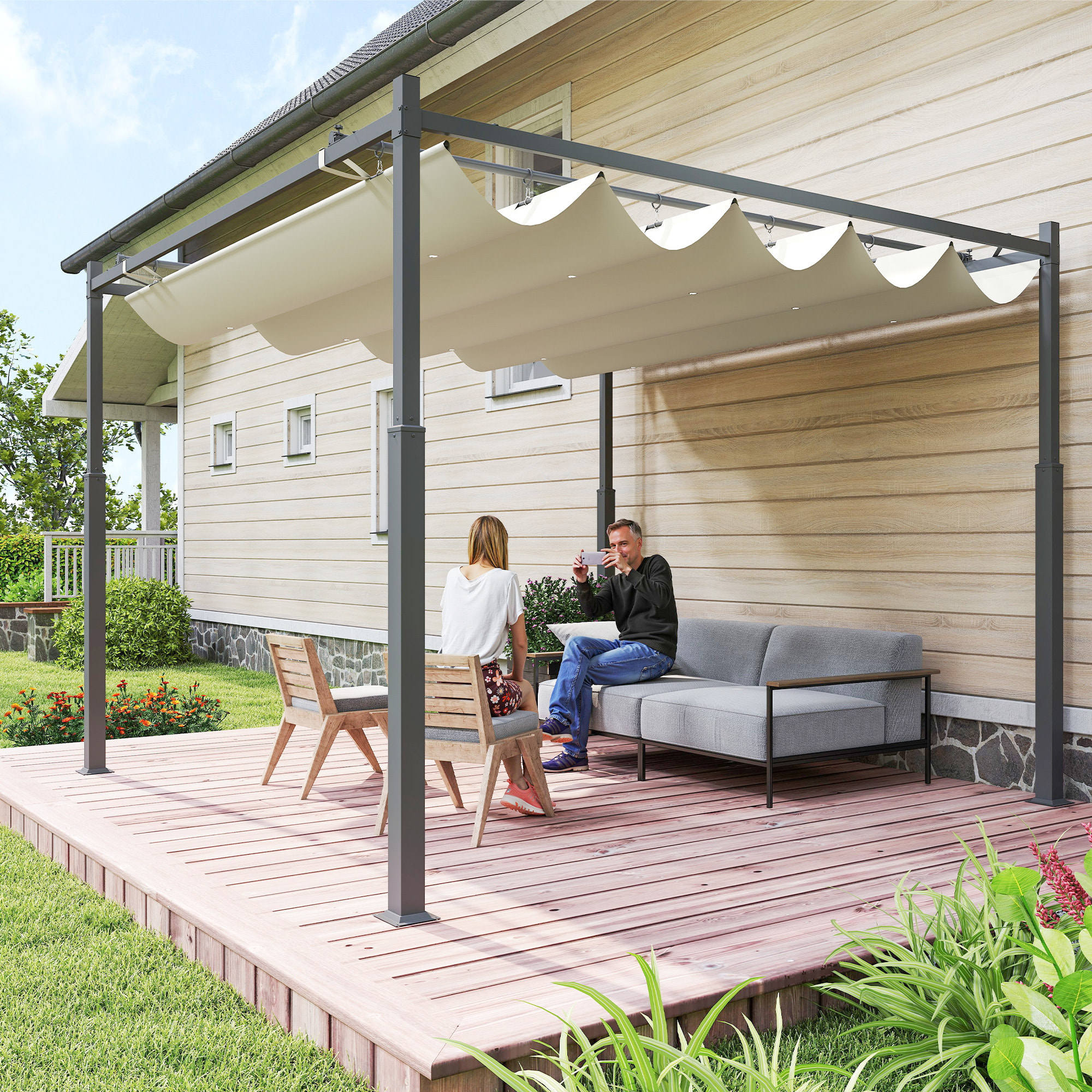 Pérgola de Jardín 3x3 m con Techo Retráctil y Accesorio Magnético, Cenador de Jardín con Protección UV30+, Columnas Metálicas y Ganchos, Pabellón para Patio, Terraza, Exterior, Blanco Crema