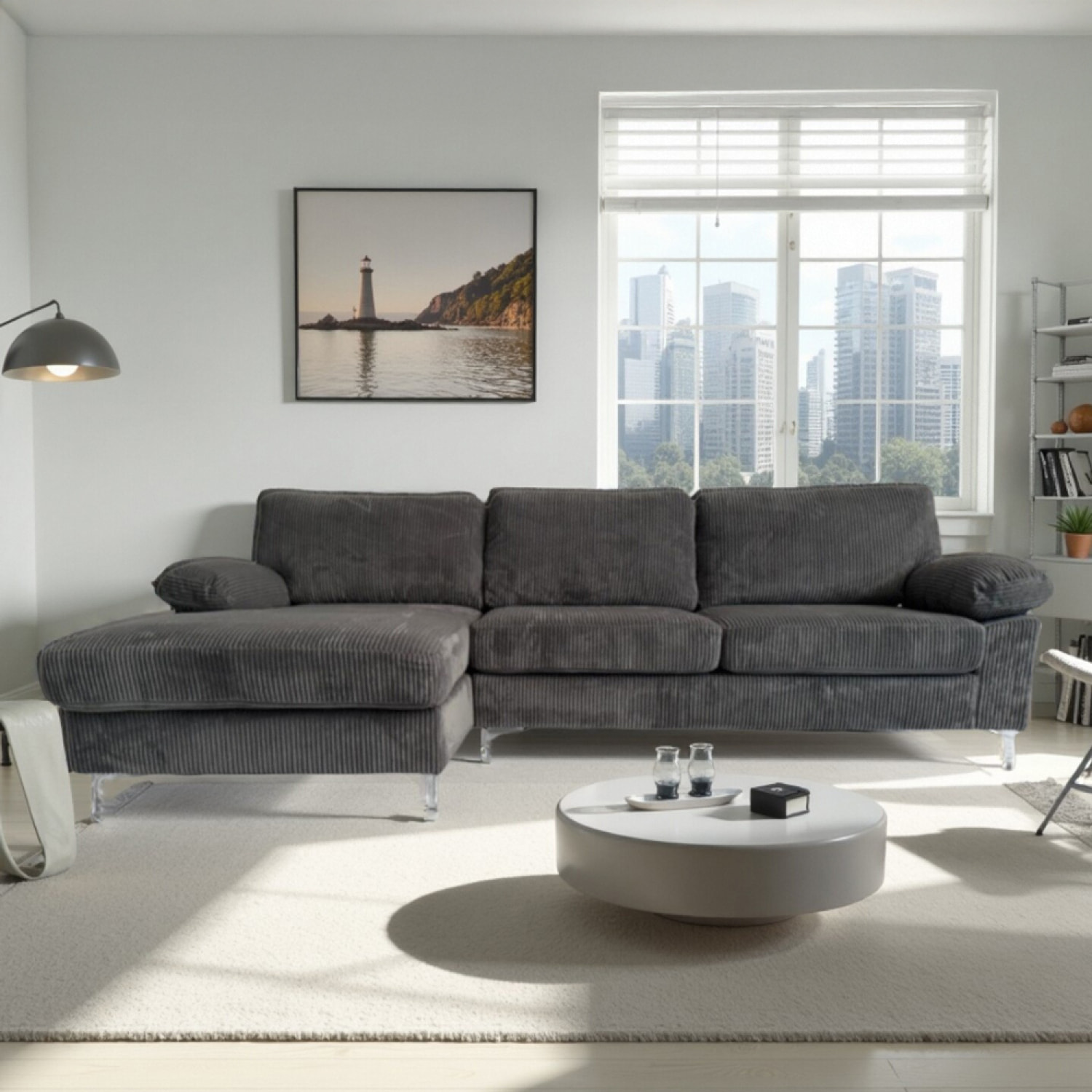 SOUTH Canapé d'angle 4-5 places méridienne gauche velours côtelé gris anthracite