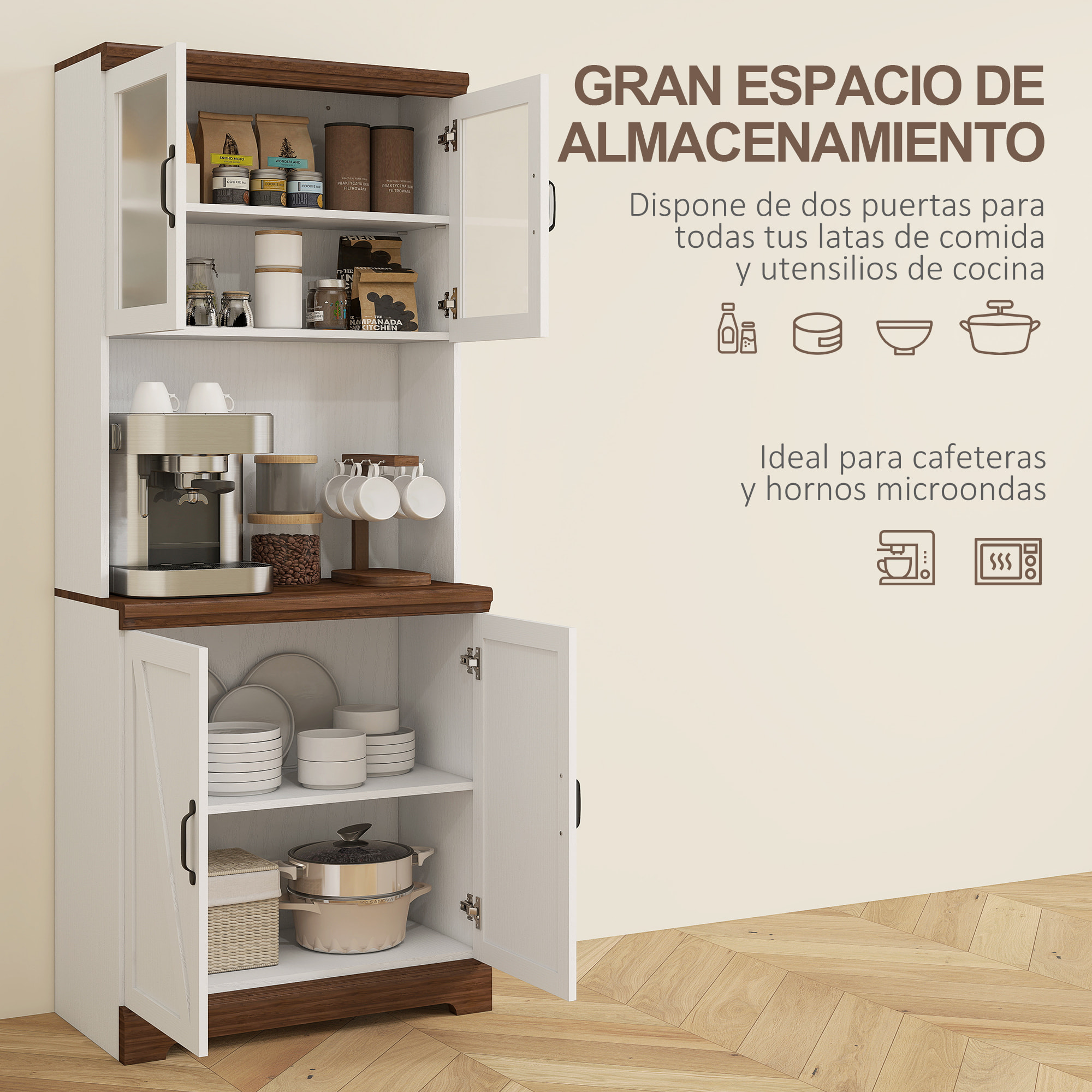 Alacena de Cocina Mueble Auxiliar de Cocina Aparador Alto con 2 Puertas de Vidrio Estantes Ajustables y Compartimentos Abiertos 72x40x178 cm Blanco