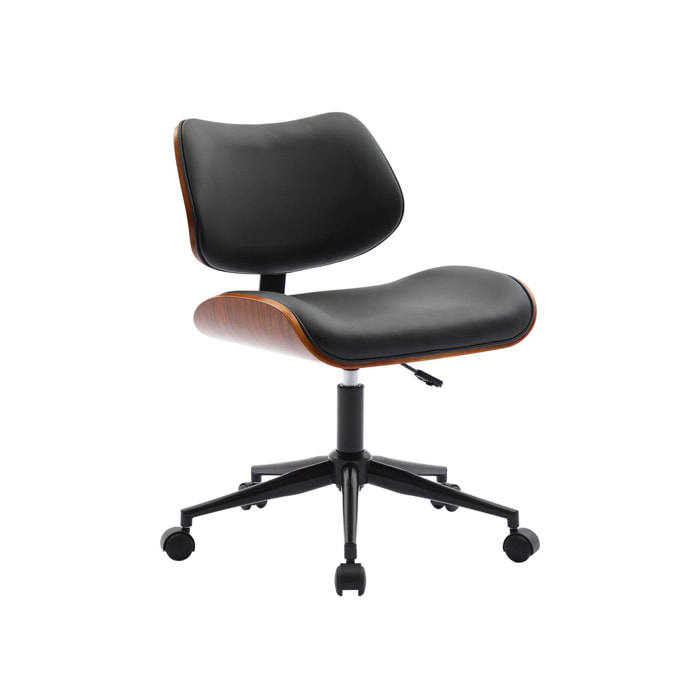 Chaise de bureau à roulettes décor bois courbé placage effet noyer et simili cuir noir
