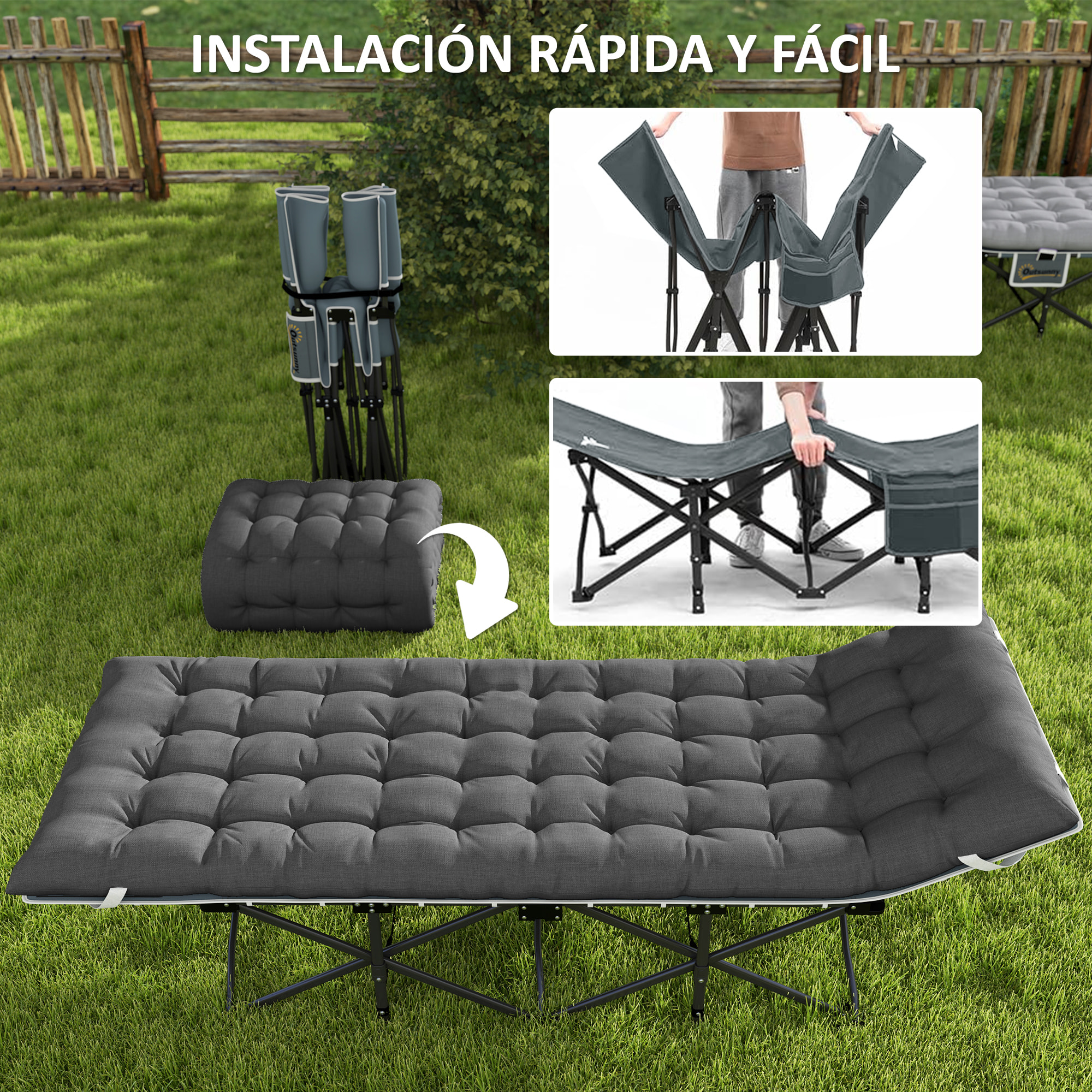 Cama Plegable Camping Cama de Acampada Portátil Tumbona de Camping con Reposacabezas Colchón Extraíble y Bolsa de Transporte Carga 150 kg para Playa Senderismo 196x68x37 cm Gris Oscuro
