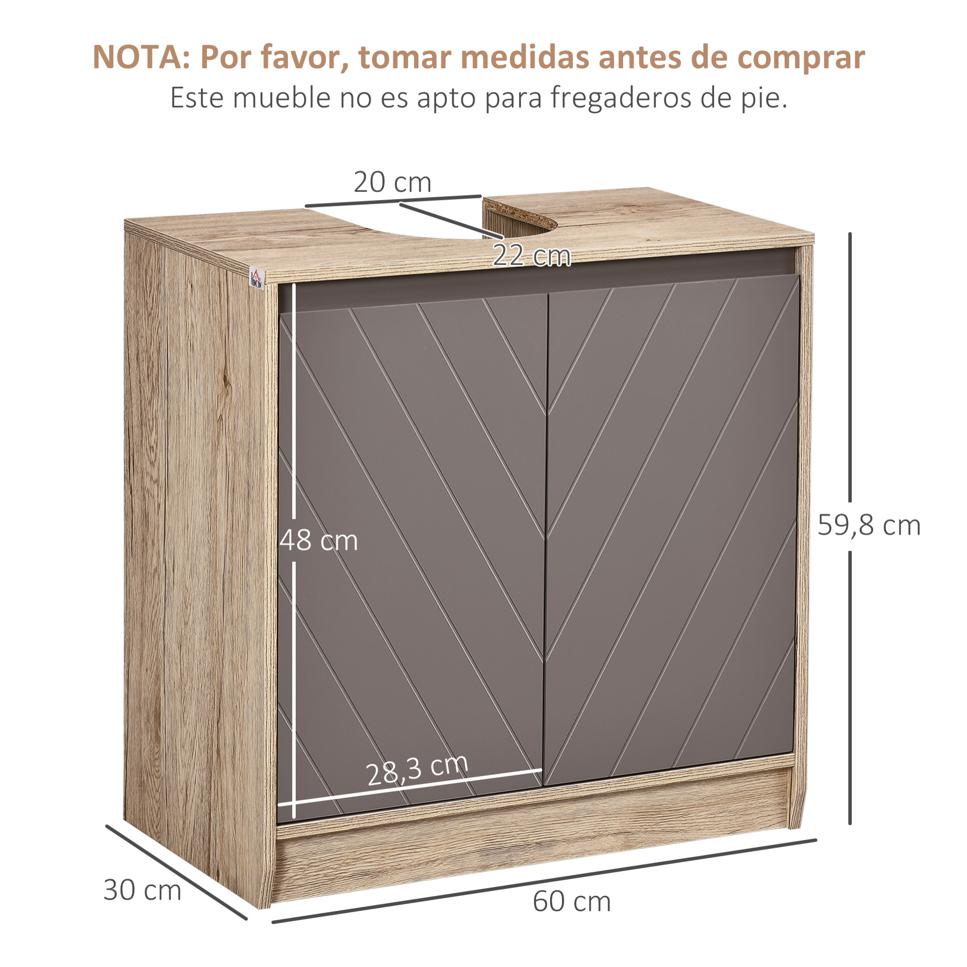 Mueble para Debajo del Lavabo Armario de Baño de Suelo con Puerta Doble y Estante Ajustable Carga 50 kg 60x30x59,8 cm Roble y Gris