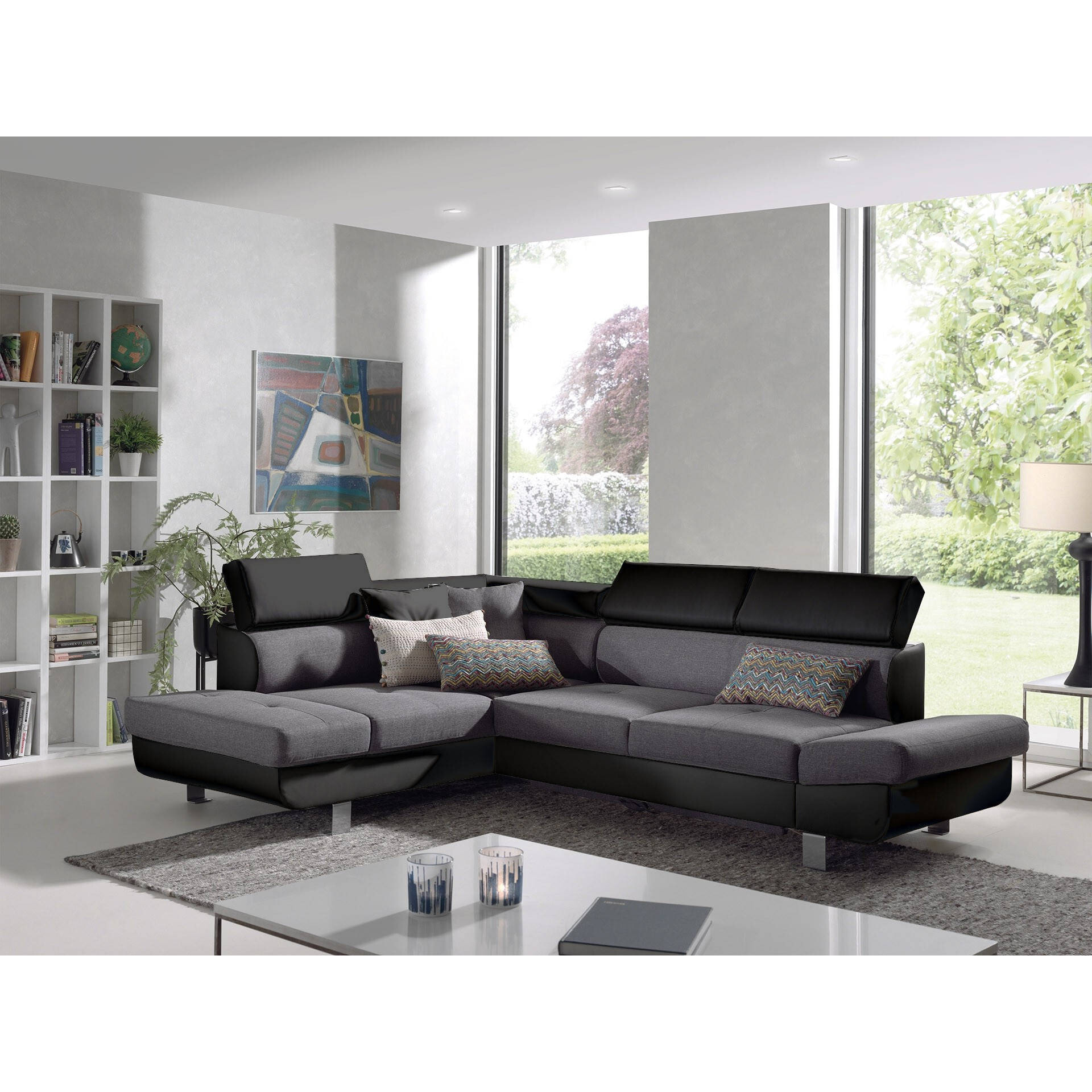 Lisbona - Canapé d'angle gauche convertible - 5 places - avec têtières - Noir / Gris