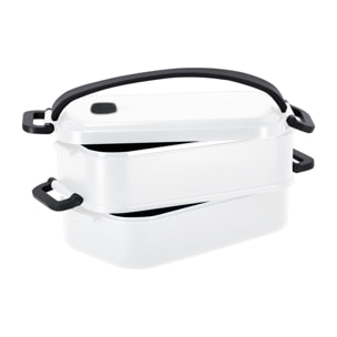 Lunch box da 1,6L di capacità. Realizzata in PP riciclato. Include 2 scomparti indipendenti con vassoi a chiusura ermetica, da 800 ml ciascuno.