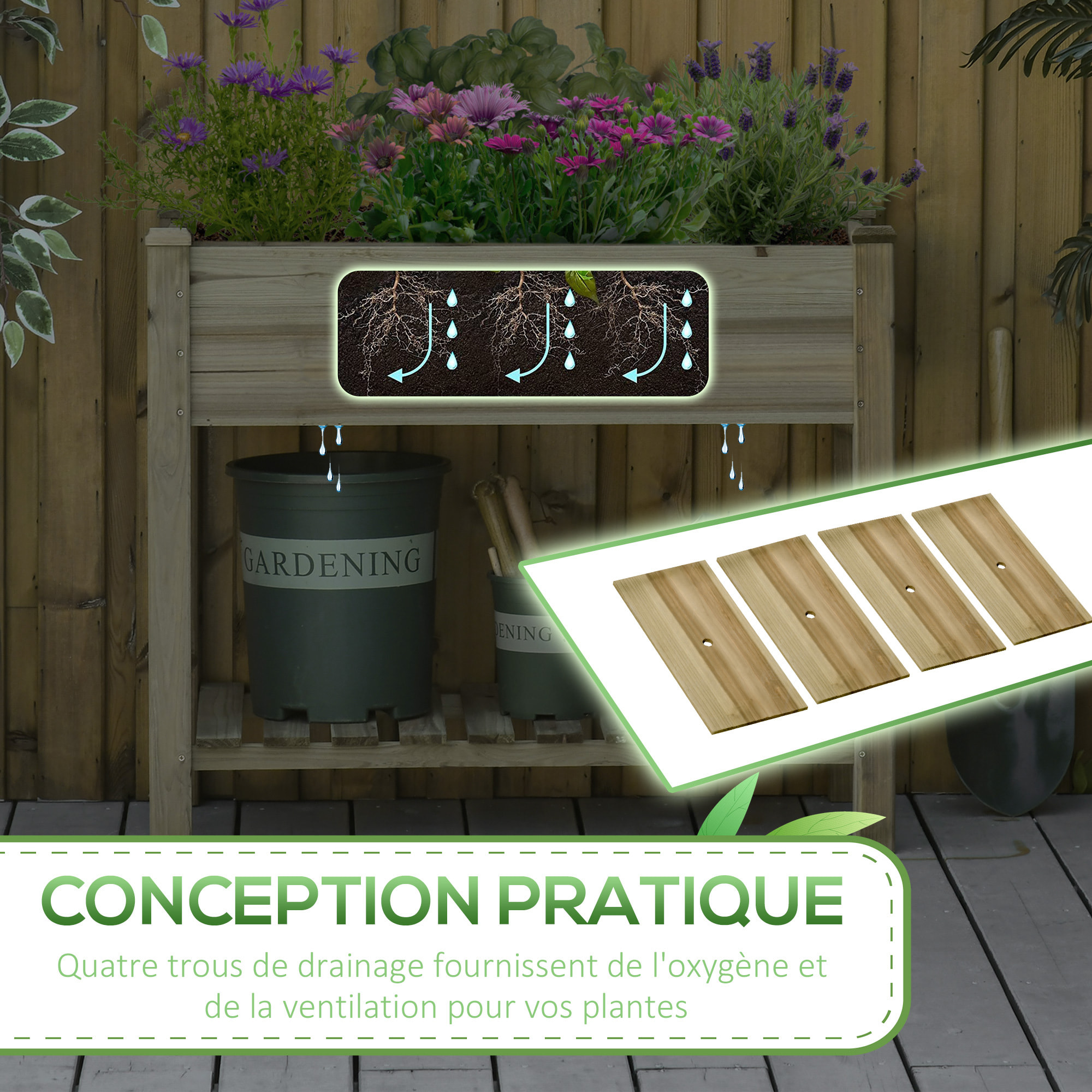 Jardinière sur pieds potager avec étagère à lattes dim. 91L x 51l x 76H cm bois sapin autoclave