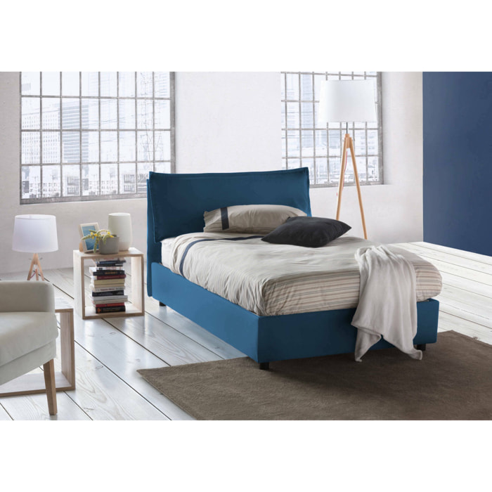 Letto piazza e mezza Desirée, Letto contenitore con rivestimento in tessuto, 100% Made in Italy, Apertura frontale, con materasso Cm 120x190 incluso, Blu