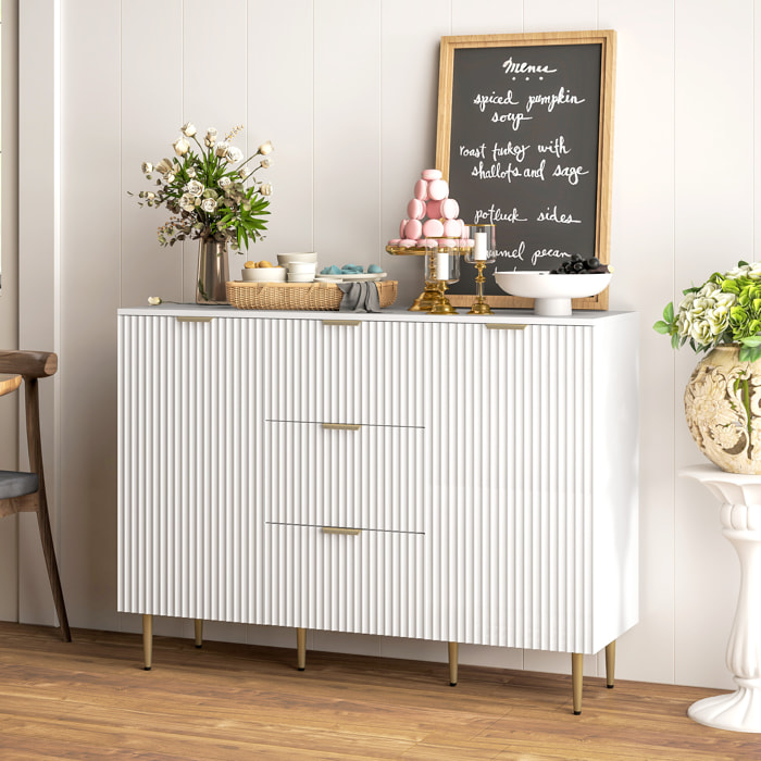 Buffet enfilade 2 portes 2 étagères 3 tiroirs - dim. 120 x 40 x 90 cm - métal doré blanc