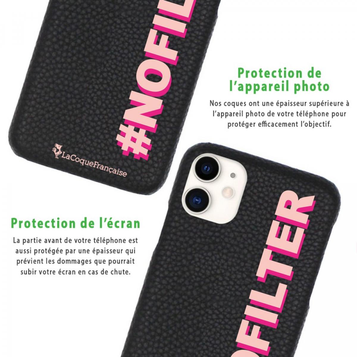 Coque iPhone 11 effet cuir grainé noir No Filter rose et fushia Design La Coque Francaise