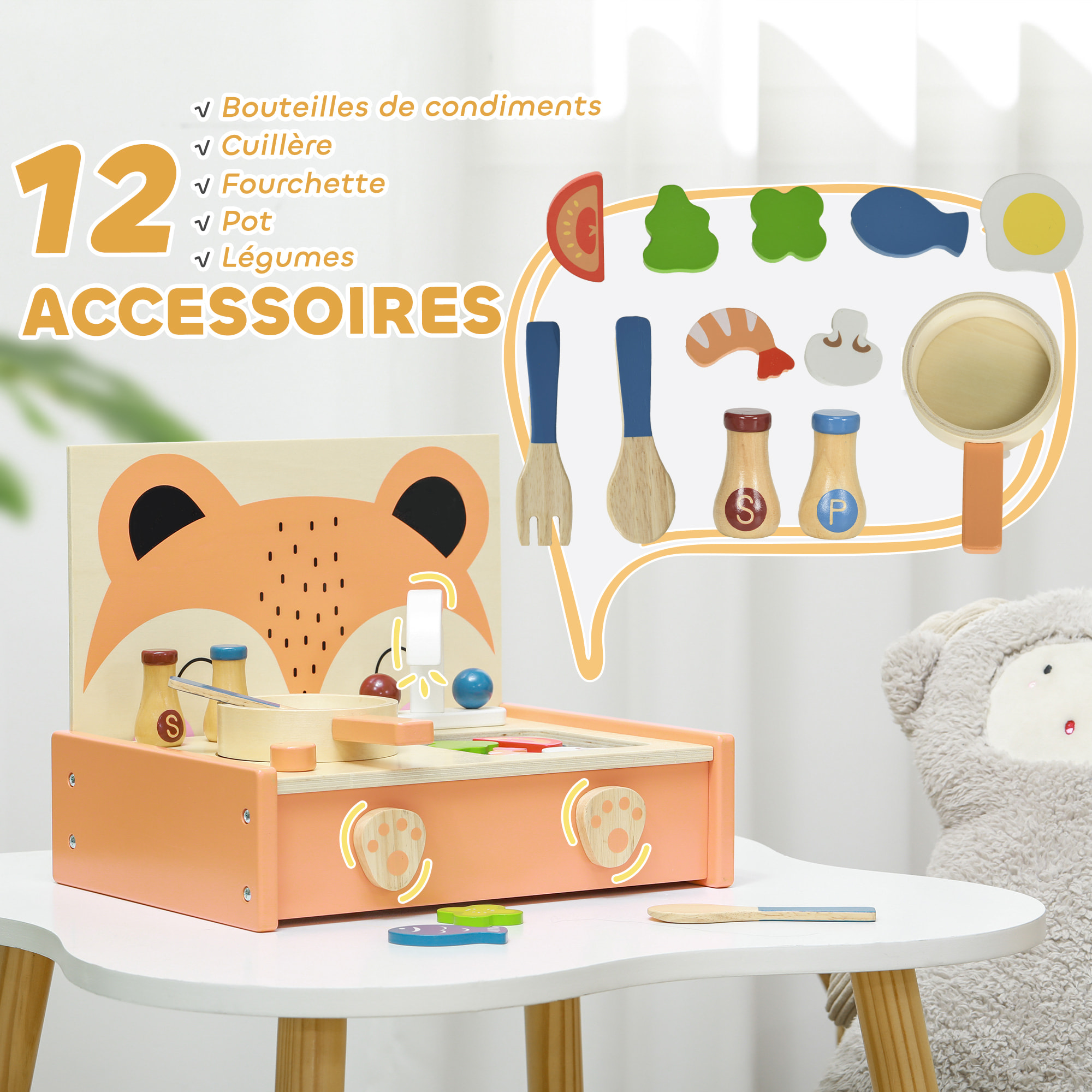 Mini-cuisine en bois cuisine enfant motif renard jouet d'imitation pour enfant avec 12 accessoires poêle spatule condiments fruits légumes - pour 3-5 ans