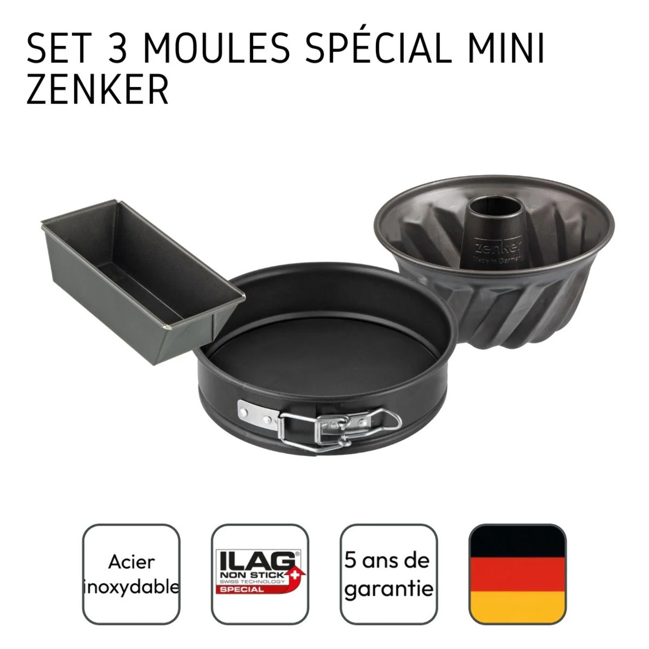 Set de 3 mini moules à cake 15 cm, charnière 16 cm et kouglof 18 cm Zenker Spécial Mini