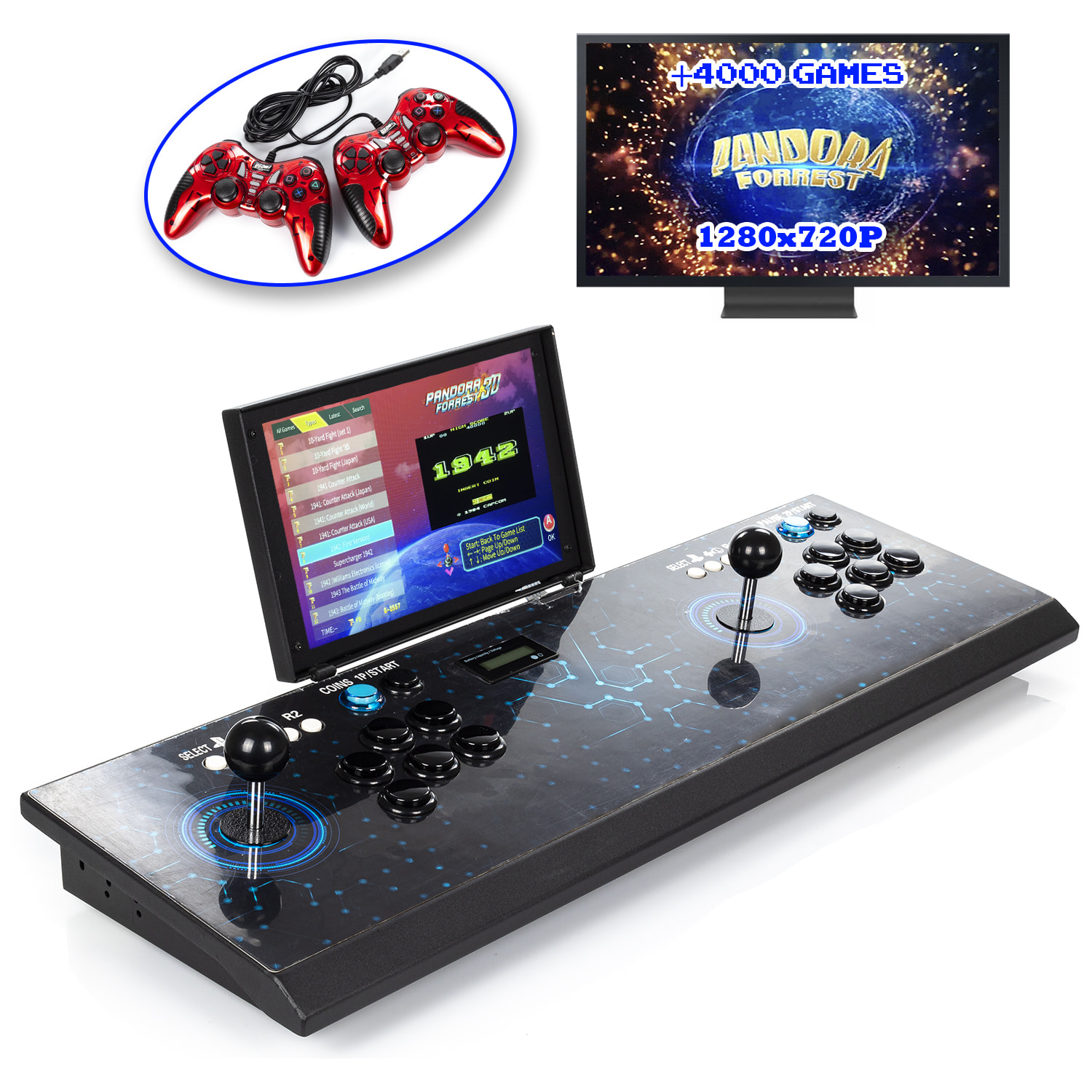 Pandora Box Forrest con pantalla de 10 pulgadas. Emulador con más de 4000 juegos clásicos instalados, consola arcade clásica, máquina recreativa. 2 mandos analógicos.