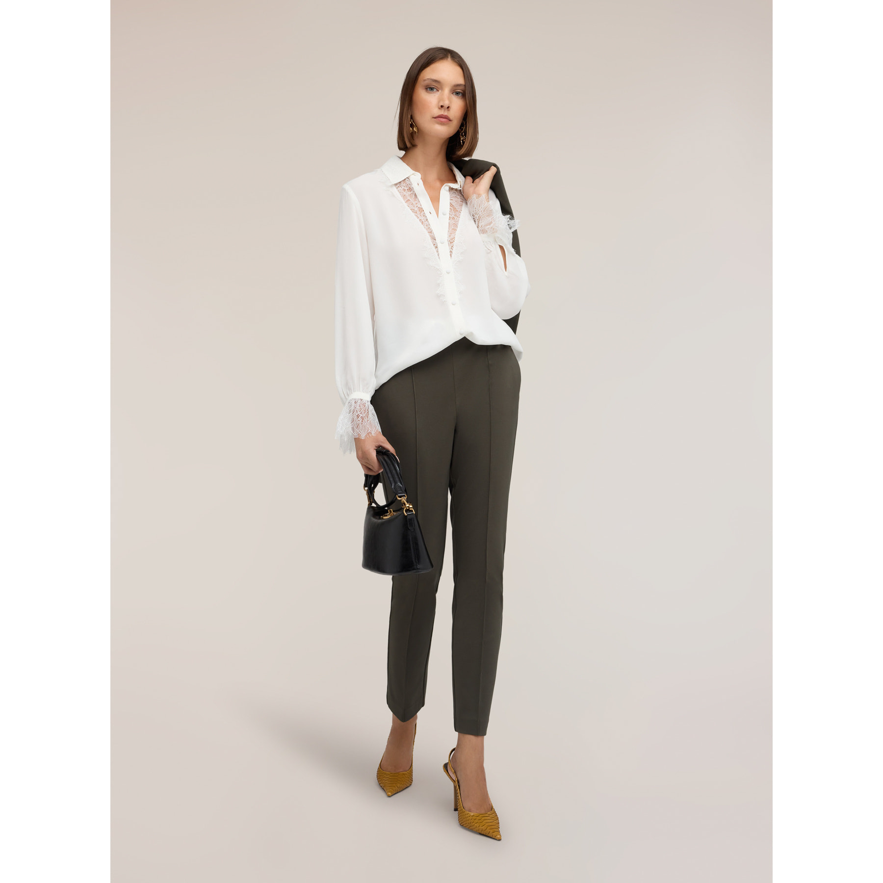Motivi - Camicia in crêpe de chine con inserti in pizzo - Bianco