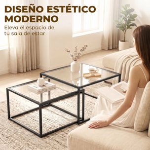 Set de 2 Mesas de Centro Cuadradas, Mesas Nido Modernas con Tablero de Vidrio Templado y Estructura Metálica, Ahorra Espacio, para Salón, Dormitorio u Oficina, 75x75x42 cm, Negro
